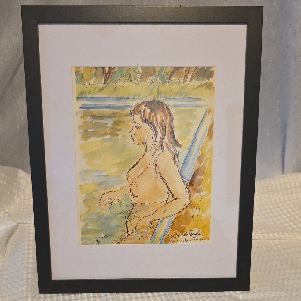 VTG Watercolor Art Print - Woman By Water - Artist Unknown